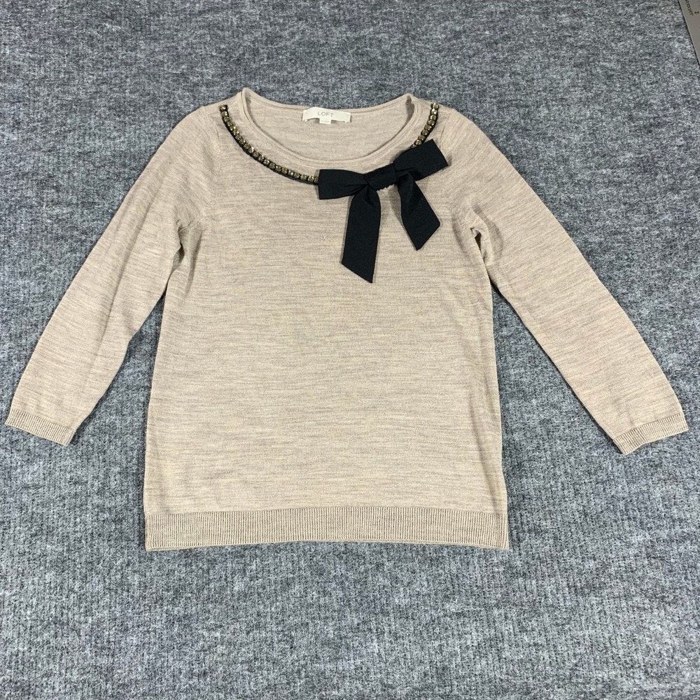 Ann Taylor Loft Sweater Womens Small Beige Lightweight Bow Tie Wool Blend Luxury